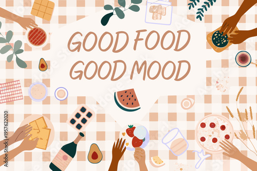 A vibrant picnic spread with fruits sweets and the text good food good mood