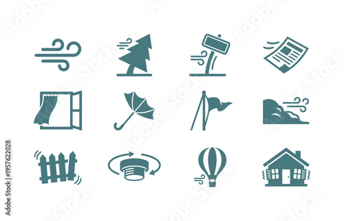 Gust wave curves, forest pine tree tilted by squall, roadside sign bending, airborne newspaper sheet, open window curtain blown