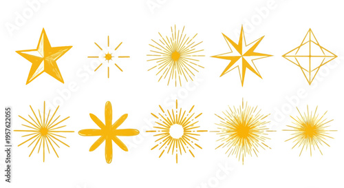 A collection of vibrant yellow starburst designs and shapes are arranged in a grid on a white background.