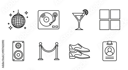 A vibrant party scene with a disco ball, records, and a martini, set in a nightlife environment with a speaker, velvet rope, high heels, and a badge.
