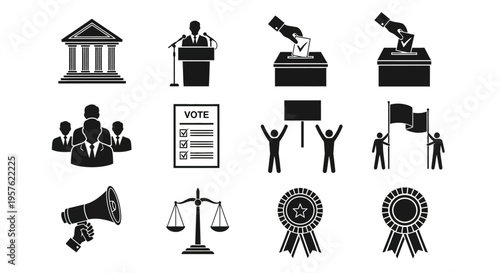 Various symbols representing democratic processes and elections on display