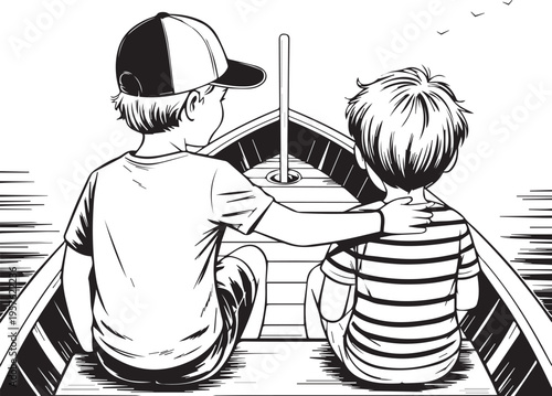 Two boys in a boat silhouette, friendship, journey, adventure, outdoor activity, childhood bonding
