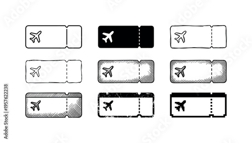 Collection of diverse airplane ticket icons in various artistic styles and formats
