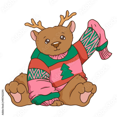 Adorable bear in a reindeer Christmas costume