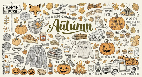 Autumn themed illustration of seasonal objects and symbols in a collage style