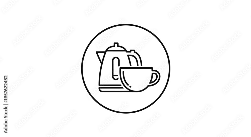 Obraz premium Electric Kettle and Tea Cup Icon in a Circle, Isolated White Background