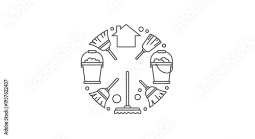 Circle of Various Cleaning Supplies and Household Items Icon, Isolated White Background