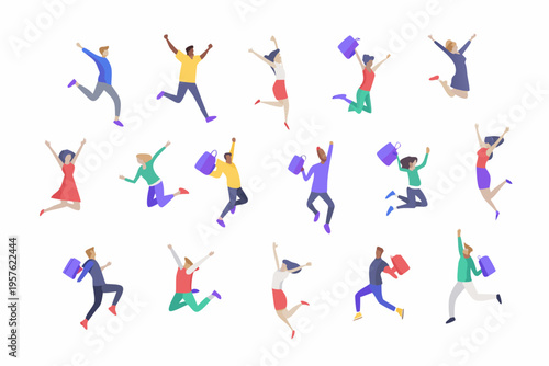 Joyful people jumping and celebrating with shopping bags in a flat design