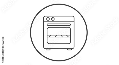 Line Art Oven Icon in a Circle, Isolated White Background