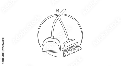 Broom and dustpan outline icon in black circle on isolated white background