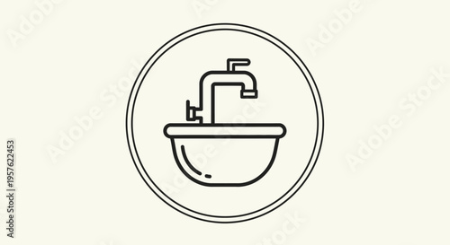 Bathtub with a Running Faucet Icon in a Circle, Isolated White Background