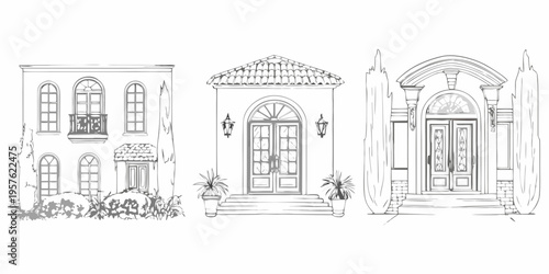 Detailed sketches of three ornate architectural doorway and facade designs