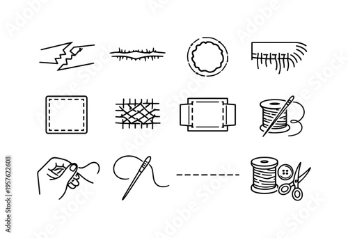 Line style vector icons of fabric mending: tear, rip, hole, fray; patch, darn, reinforce, fix; needlework, handsew, stitchline,