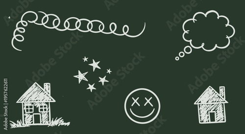 Whimsical Chalkboard Drawing with Houses, Stars, Thought Bubble, and Emotions, Creative Doodle Art