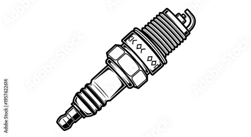Detailed Outline Drawing of Automotive Spark Plug, Car Engine Component on Isolated White Background