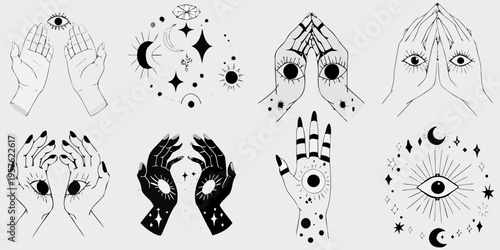 Mystical hands and celestial elements in a black and white illustration