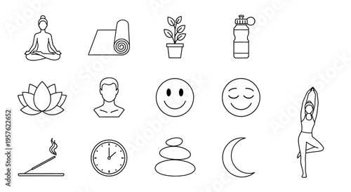 A serene yoga practice with a person meditating, surrounded by a lotus flower, smiling face, and wellness symbols.