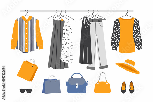 Colorful clothing items hanging on a rack with accessories below