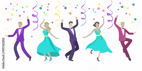 Celebratory scene with people dancing and confetti falling from above