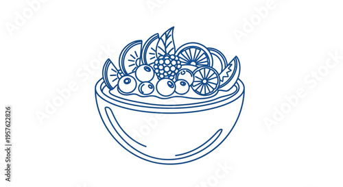 A hand drawn illustration depicts a blue lined bowl overflowing with various fruits and berries high quality professional