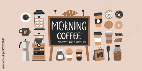 A colorful illustration of morning coffee pastries and related items