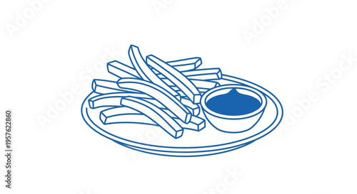 A simple blue line drawing depicts a plate of french fries with a dipping sauce