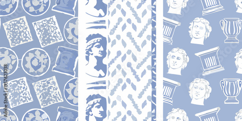 Blue and white repeating pattern featuring classical greek motifs
