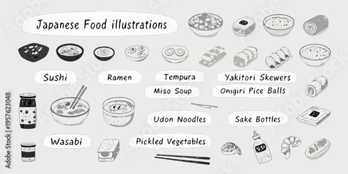 Illustrations of traditional japanese food including sushi ramen and miso soup