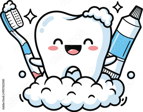 Joyful Cartoon Tooth with Brush and Paste in Bubbles