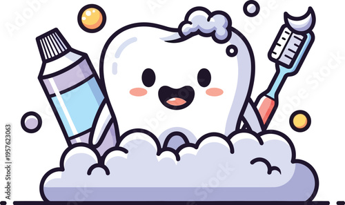 Happy Cartoon Tooth Brushing with Toothpaste Fun