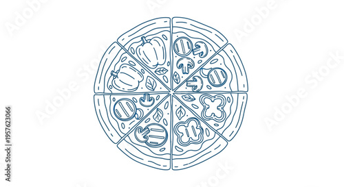A hand drawn style illustration depicts a circular pizza divided into eight slices high quality professional detailed