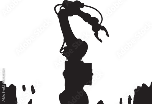Industrial robotic arm silhouette against a cityscape background