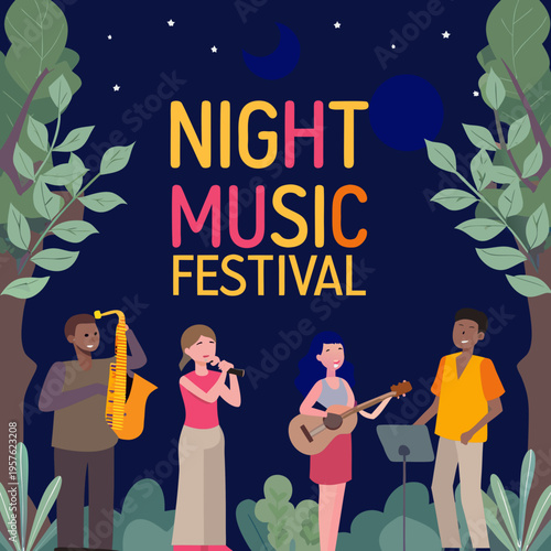 Night music festival with musicians performing under a starry sky