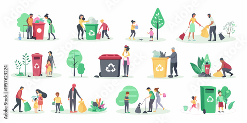 People actively participating in community cleanup and recycling efforts outdoors