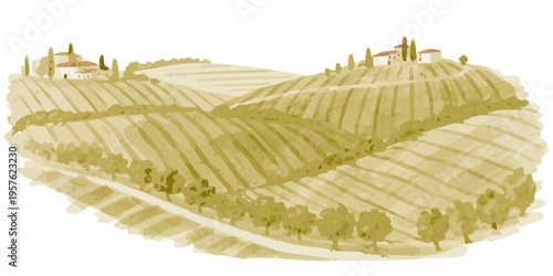 Rolling hills of tuscany with quaint houses and cultivated fields