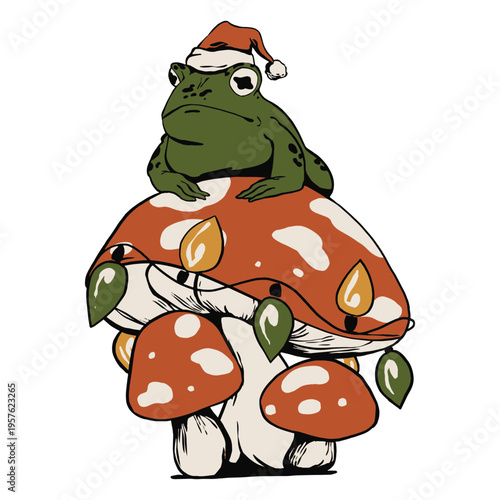 Frog perched atop the mushrooms