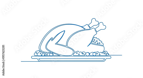 A single continuous line drawing depicts a roasted turkey on a serving platter high quality professional