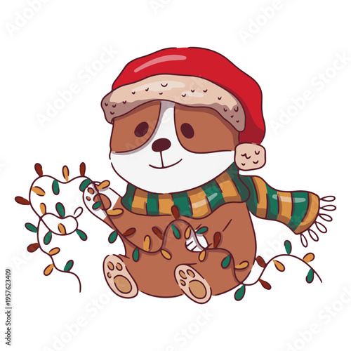 Cute corgi playing with Christmas lights