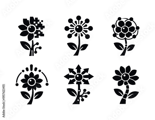 Solid style icons of algorithmic traffic-pollinated flowers: digital bloom, traffic-type pollen nodes, interaction pathways,