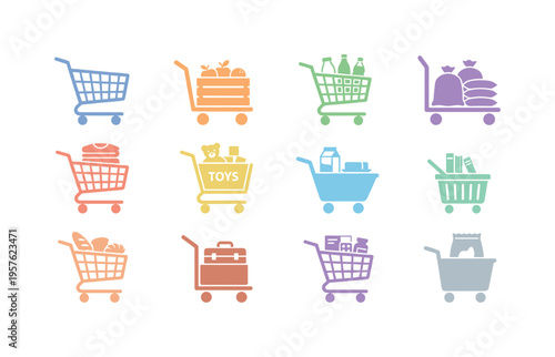 Retail buggy silhouette, supermarket push wagon with fruit crate, checkout carrier holding bottles, wholesale transport trolley