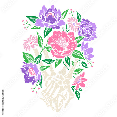 Flowers covering skeleton hands