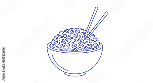 A simple line drawing depicts a bowl of rice with mixed ingredients and chopsticks high quality