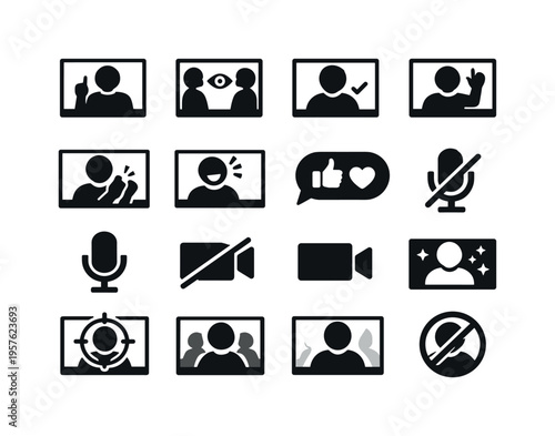 Solid vector icons of live video interaction: gesture, eye contact, nod, wave, applause, laughter, feedback icon, mute state,