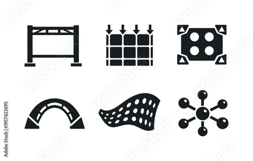 Solid style icons of structural integration with perforated facades: support-frame outline, load-distribution grid,