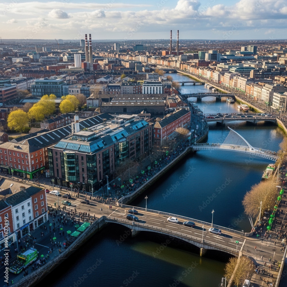 Obraz premium Aerial View Of Dublin Cityscape Showing River Liffey And Bridges