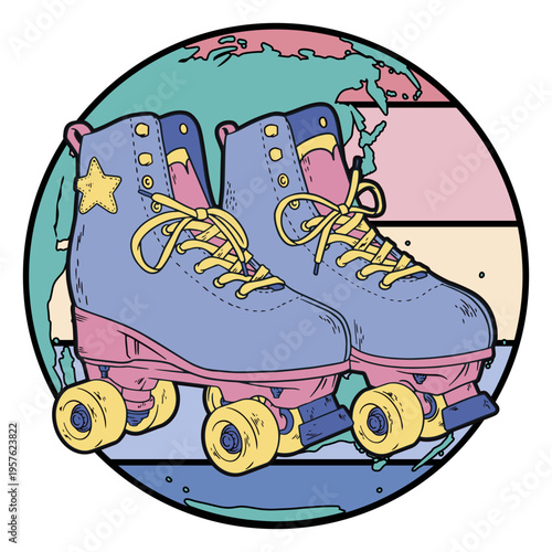 Rollers superimposed on a world map