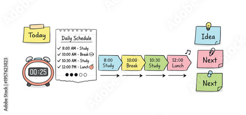 Minimalist Study Planner. Daily schedule timeline with time blocks, timer and notebook page scraps, sticky notes and progress dots