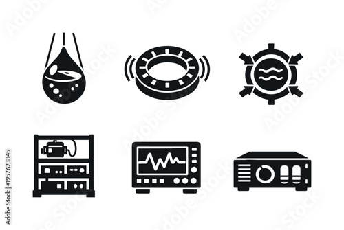 Solid vector icons of acoustic suspension technology: suspended water sphere, phased transducer ring, controlled pressure zone;