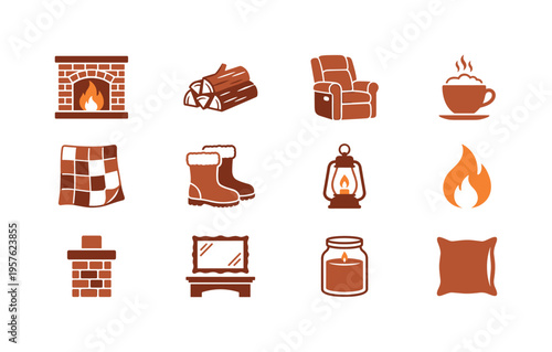 Brick hearth with bright fire, chopped firewood bundle, padded recliner seat, latte cup with foam steam, patchwork quilt drape,