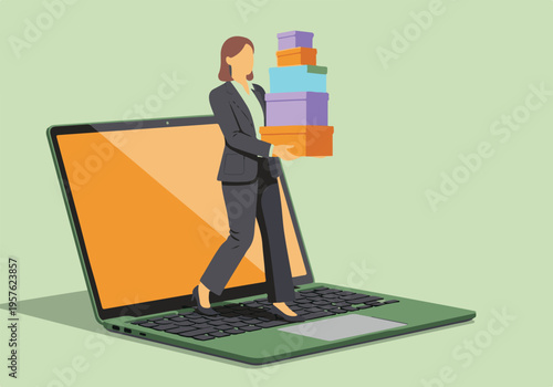 Businesswoman delivers online shopping packages from a laptop screen